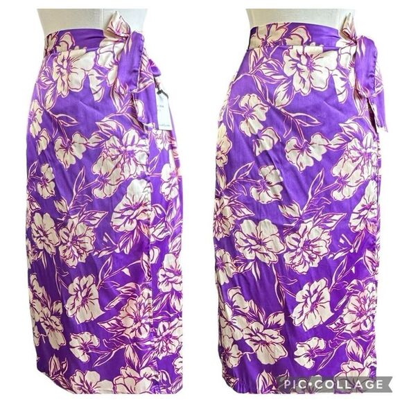 NWT Japna Tropical Floral Print Wrap Front Tie Side Satin Midi Skirt - Picture 1 of 9